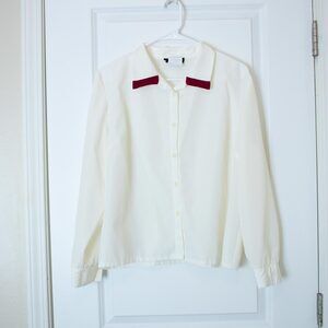VTG Colorblock Career ZOÉ White Burgundy Collar Blouse Button Mod Minimal 14P